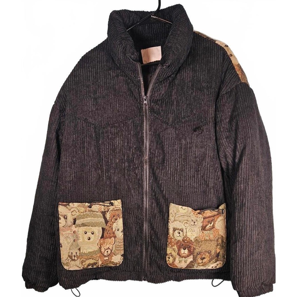 Stiwaup Women Corduroy Teddy Bear Tapestry Jacket Black Full Zip L/XL Whimsical